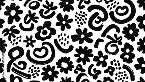 Bold seamless pattern composed of abstract black hand-drawn flowers, swirls, and dot elements, creating a dynamic and expressive modern floral design.