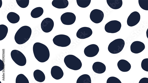 Simple yet striking seamless pattern featuring irregularly shaped dark oval dots scattered across a clean white background, creating a modern and abstract texture.