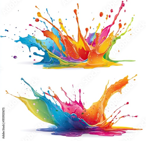 Vibrant, multi-colored liquid bursts in dynamic explosions against a white background