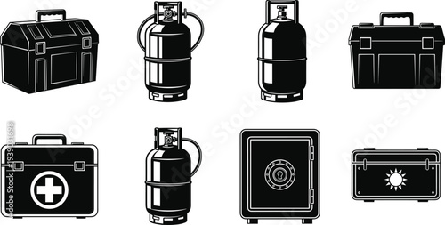 Professional Industrial Safety Equipment Icon Set Featuring Gas Cylinders, Heavy Duty Toolboxes, Medical First Aid Kit, Secure Storage Safe, and Portable Cooler Vector Illustrations.