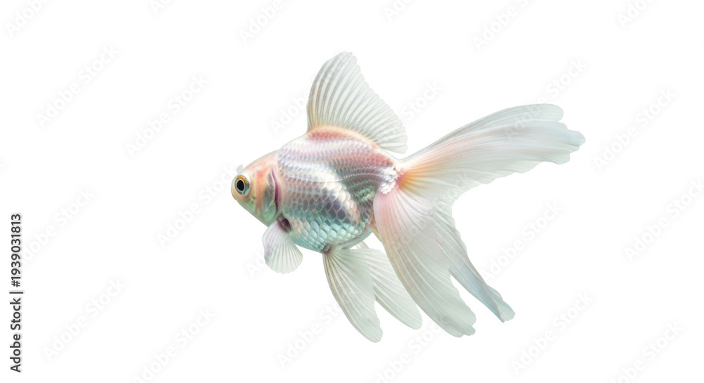 Fototapeta premium Isolated iridescent fantail goldfish with flowing fins and scales, close up view, in studio