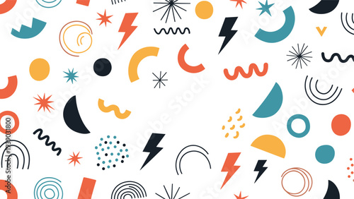 Playful seamless pattern brimming with a vibrant assortment of colorful geometric shapes, lightning bolts, squiggles, and dots, creating a dynamic, abstract, and festive design.