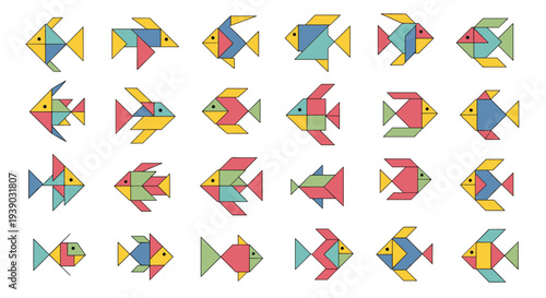 Assortment of colorful fish illustrations created using simple geometric tangram shapes in a variety of styles and colors.