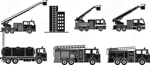 Set of fire truck silhouettes including ladder engine water tanker rescue vehicle and emergency response transport icons for firefighting safety and industrial rescue design