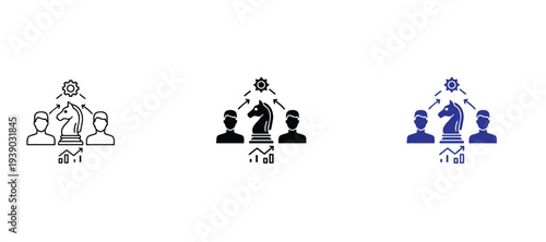  Business Strategy and Leadership Icon Set - Professionals with Chess Knight, Gear, and Growth Chart - Vector Illustration for Strategic Planning, Competitive Tactics, and Management Success