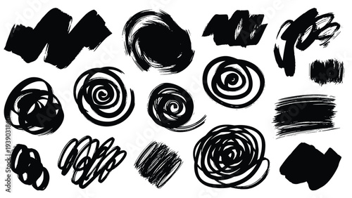 Comprehensive collection of various black grunge brush strokes, swirls, and spirals, offering a wide array of raw and expressive elements for artistic and textured designs.