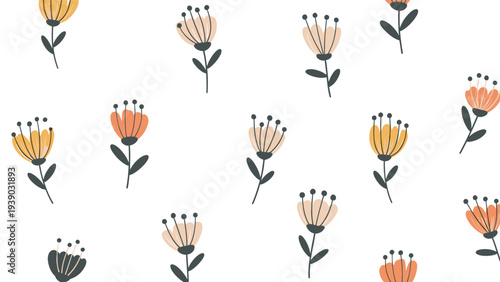 Delicate seamless pattern featuring minimalist stylized flowers with small dark stems, scattered across a pristine white background, creating a charming and subtle botanical design.