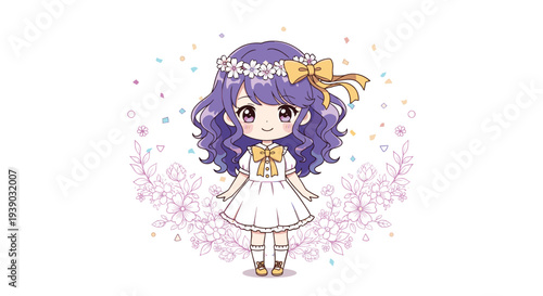 Beautiful anime-style girl with wavy purple hair wearing a white dress and a flower crown surrounded by floral outlines.
