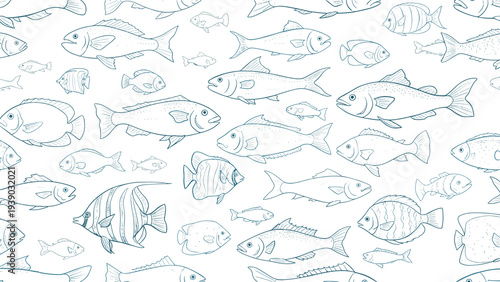 Detailed seamless pattern featuring an array of hand-drawn outline fish of various species and sizes, illustrating diverse aquatic life in a harmonious, decorative composition.