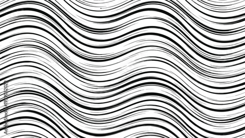 Dynamic seamless pattern composed of numerous black wavy lines of varying thickness, flowing horizontally across a white background, creating a visually active texture.