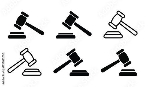 Judge Gavel Hammer Law Justice Icons Set Outline and Silhouette Vector