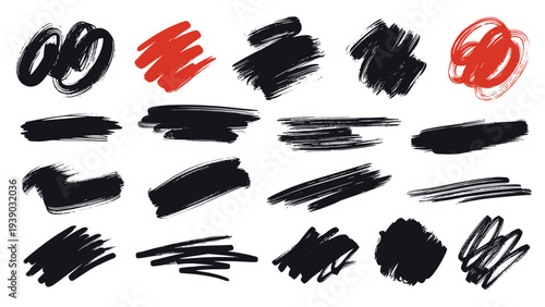 Extensive collection of various hand-drawn grunge brush strokes and expressive smudges in black and vibrant red, offering a wide array of artistic and textured design elements.