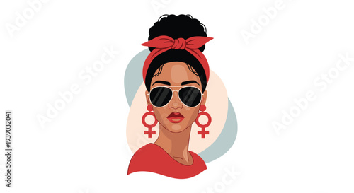 Portrait of a stylish woman with a red headband and sunglasses wearing female symbol earrings for empowerment themes.