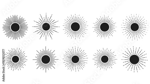 Extensive collection of bold black sunburst icons and radial lines, presenting diverse styles of radiating light, perfect for energetic and vintage-inspired designs.