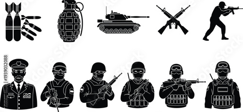 Set of military silhouettes and icons featuring soldiers in tactical gear with rifles armored tank grenade bombs and officer for defense and army design