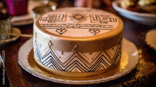 Round confection covered in white and gold fondant features intricate black line decorations