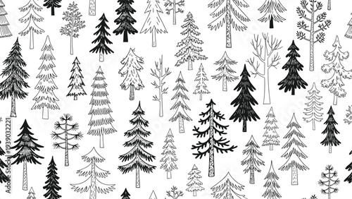 Intricate seamless pattern showcasing a diverse forest of hand-drawn pine trees in black and white, capturing a detailed woodland landscape with a rustic charm.