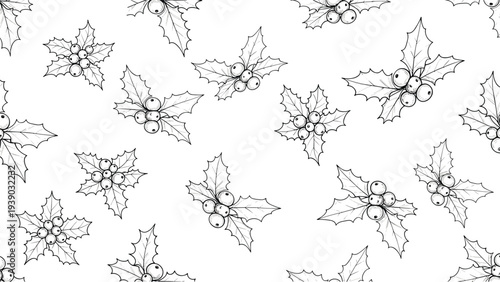 Festive seamless pattern featuring intricate hand-drawn holly branches with berries and leaves, rendered in black and white, perfect for classic Christmas designs.