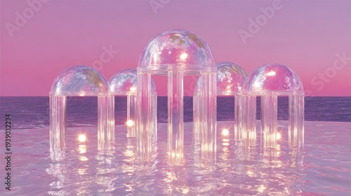 Serene translucent architectural forms stand within shimmering water under a vibrant pink sunset