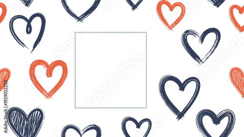 Romantic seamless pattern featuring an array of hand-drawn brush stroke hearts in vibrant red and deep blue, surrounding a subtle square frame for personal messages.