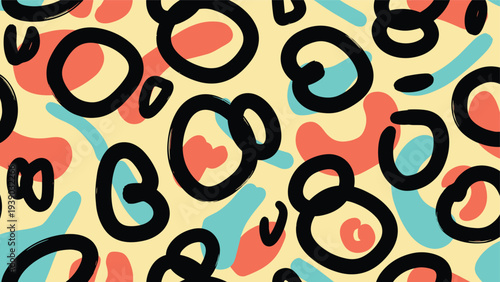 Vibrant abstract seamless pattern composed of colorful organic shapes in red, blue, and yellow, overlaid with bold black doodle outlines, creating a playful, modern design.