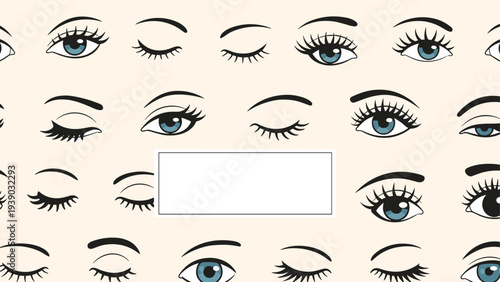 Intriguing seamless pattern depicting diverse human eyes in various states, from open to winking, featuring blue irises, framing a central white copy space.
