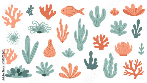 Playful collection of colorful cartoon-style coral, fish, and various sea plants, illustrating a vibrant underwater ecosystem in a charming and child-friendly aesthetic.