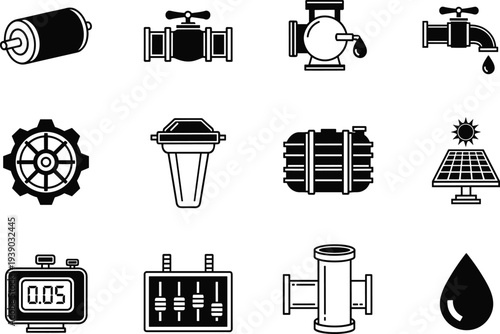 Set of water pump system icons including electric motor pipe valve filter storage tank solar panel flow meter control panel and plumbing fittings