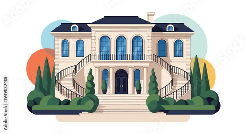 Elegant two story mansion with a grand curved staircase and symmetric windows is surrounded by lush green trees and bushes.