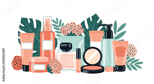 Collection of cosmetic products and skin care containers with tropical leaf motifs offers a range of beauty and wellness items.