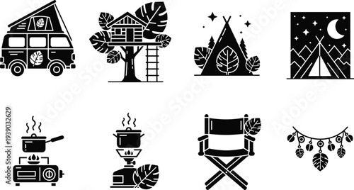 Camping outdoor adventure icons camper van treehouse tent night mountain camp stove chair nature travel vector set