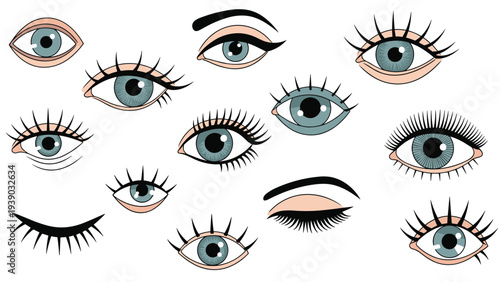 Diverse collection of captivating human eyes, featuring various shapes, expressions, blue irises, and long eyelashes, suitable for beauty, fashion, and artistic designs.
