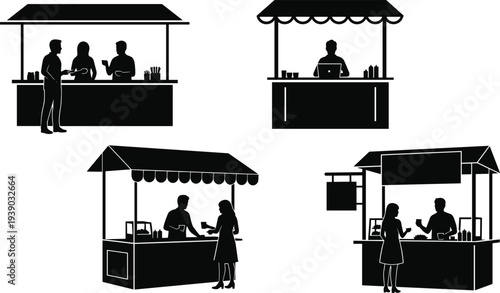 Street food stall vendor silhouette market kiosk shop seller customer business stand outdoor retail trade vector illustration set