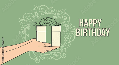 Hands holding a birthday present against a green background with decorative swirls offer a festive image for holiday celebrations.