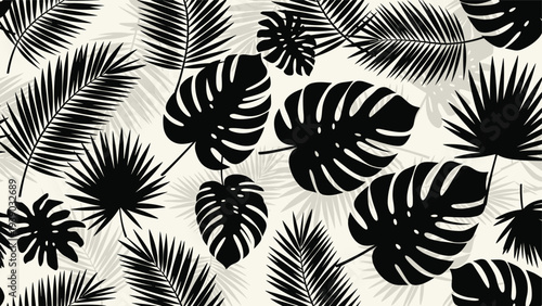 Dynamic seamless pattern composed of bold black silhouettes of diverse tropical leaves, including monstera and palm varieties, with subtle shadows on a light background.