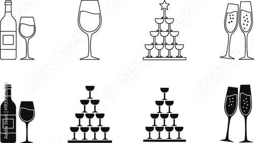 Wine champagne glass icons bottle toast celebration drink alcohol party bar beverage vector set illustration collection