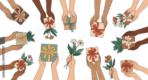 Diverse hands holding gift boxes and flowers from a top down perspective represent a global community sharing joy and kindness.