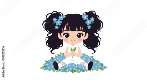 Cute little girl with pigtails sitting in a field of blue flowers represents innocence and the beauty of childhood in nature.