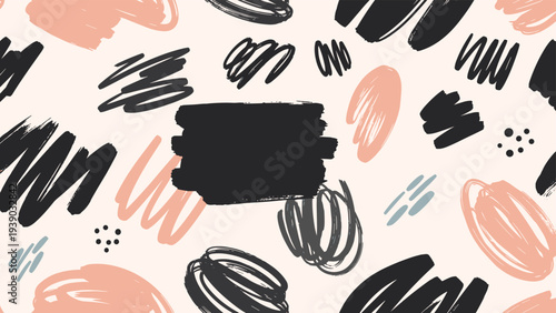 Abstract seamless pattern featuring a lively mix of hand-drawn scribbles, brushstrokes, and dots in black, pink, and blue on a light background.