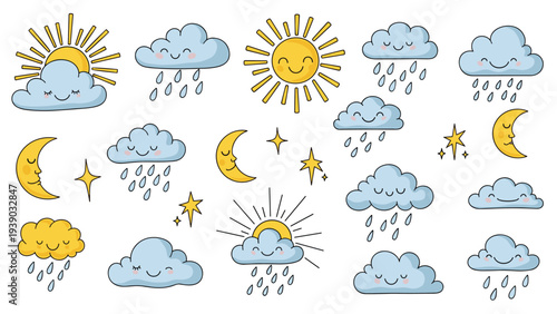 Adorable collection of cheerful weather icons including happy suns, smiling clouds with rain, crescent moons, and sparkling stars.