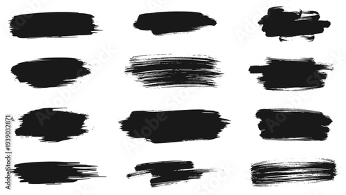 Diverse collection of black grunge brush strokes in various shapes and textures, ideal for artistic and distressed design elements.