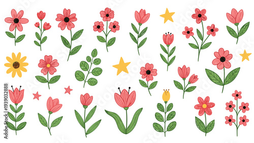 Charming collection of hand-drawn doodle flowers in red and yellow with green stems and sparkling yellow stars, perfect for spring.