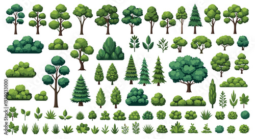 Comprehensive set of pixel art trees and plants in different shades of green offers a variety of nature elements for gaming.