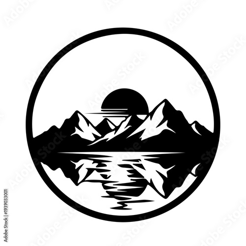 A black and white circular emblem featuring mountains water and a rising or setting sun