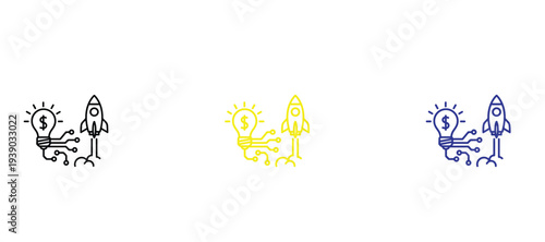  Business Startup and Financial Innovation Icon Set - Launching Rocket with Idea Light Bulb and Dollar Sign - Vector Illustration for Venture Capital, Creative Funding, and Rapid Growth Success