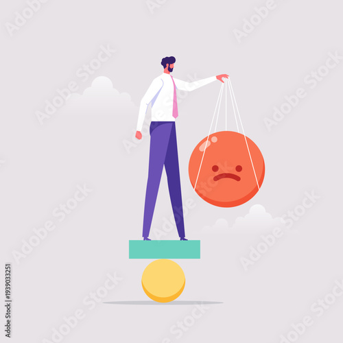 Ability to manage their emotions, emotional control and self regulation, depression management, man holding balloons with emotion face