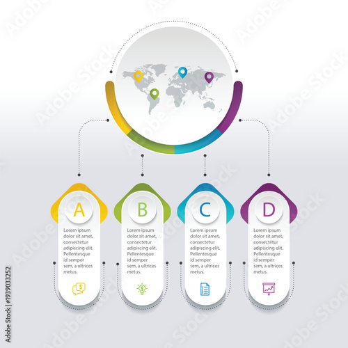 A colorful infographic template with a world map and four sections labeled A, B, C, and D