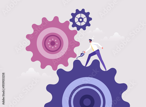 Adjustment and optimization for business improvement concept, repair and maintenance broken business mechanism, businessman with tools troubleshooting a gear-shaped mechanism