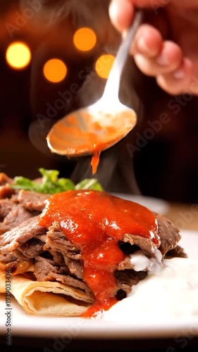 Drizzling sauce on delicious doner kebab