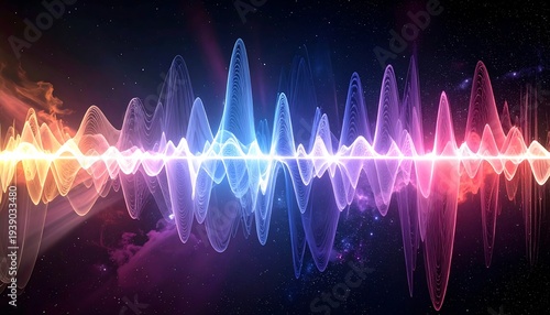 Vibrant wave pattern glows against a cosmic backdrop, with hues of orange, blue, and purple blending smoothly